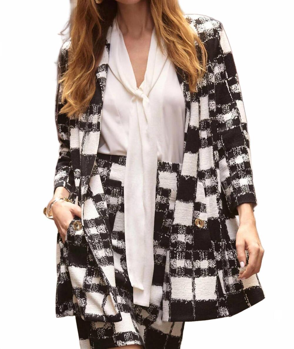 NEW JOSEPH RIBKOFF jayden jacquard sweater plaid print a-line jacket in black an - Picture 3 of 6